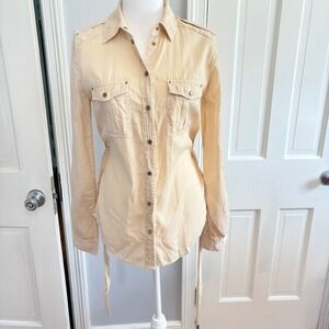 Maeve Womens Sz 0 Button Down Shirt Beige Safari Utility Belted Cotton